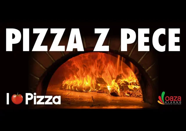Banner s nápisom Pizza z pece, ohňom v peci, logom I Love Pizza a logom nákupného centra Oáza Kladno